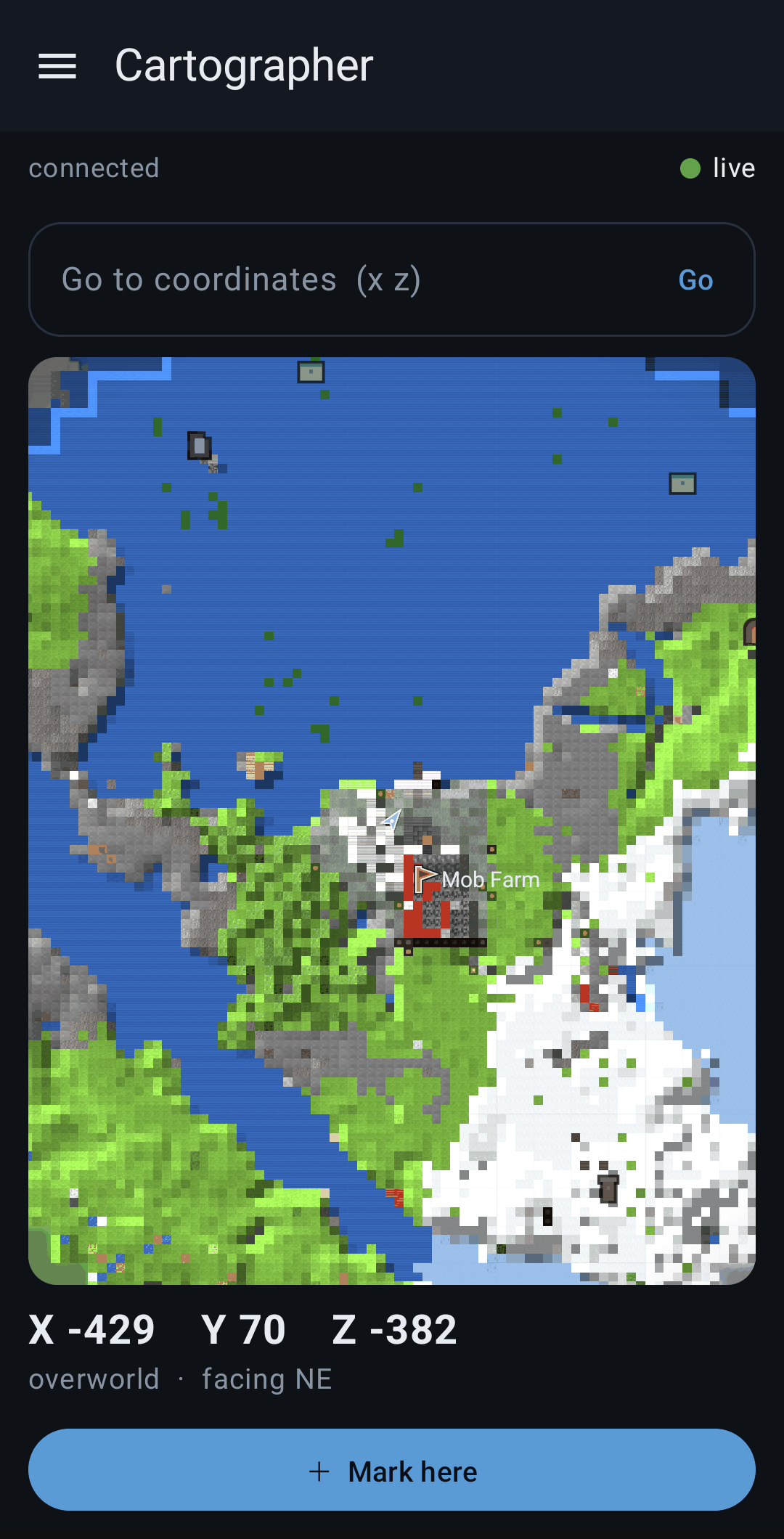 The live map: your base at block level, a named waypoint, and structures around you
