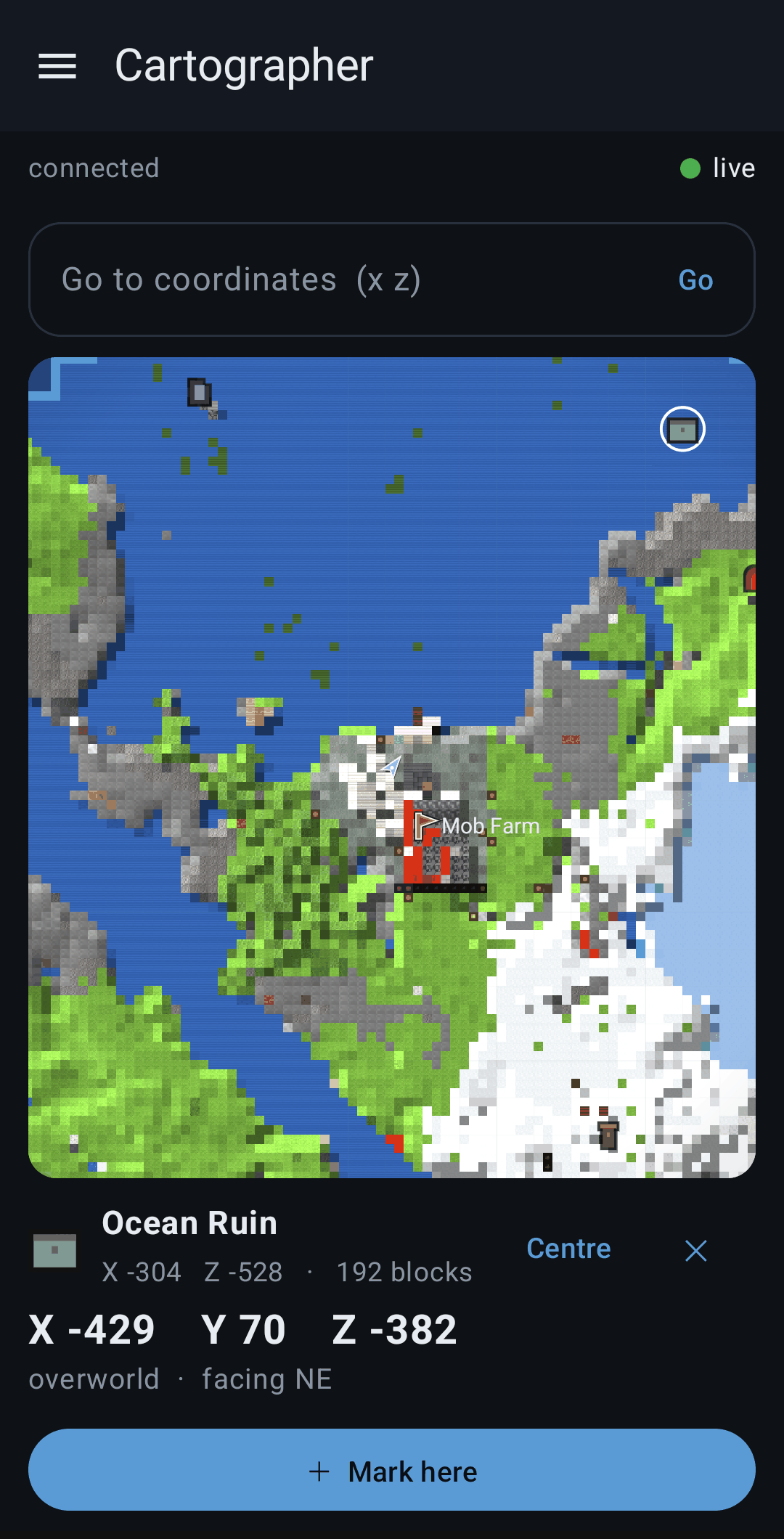 A tapped ocean ruin showing its exact coordinates and distance