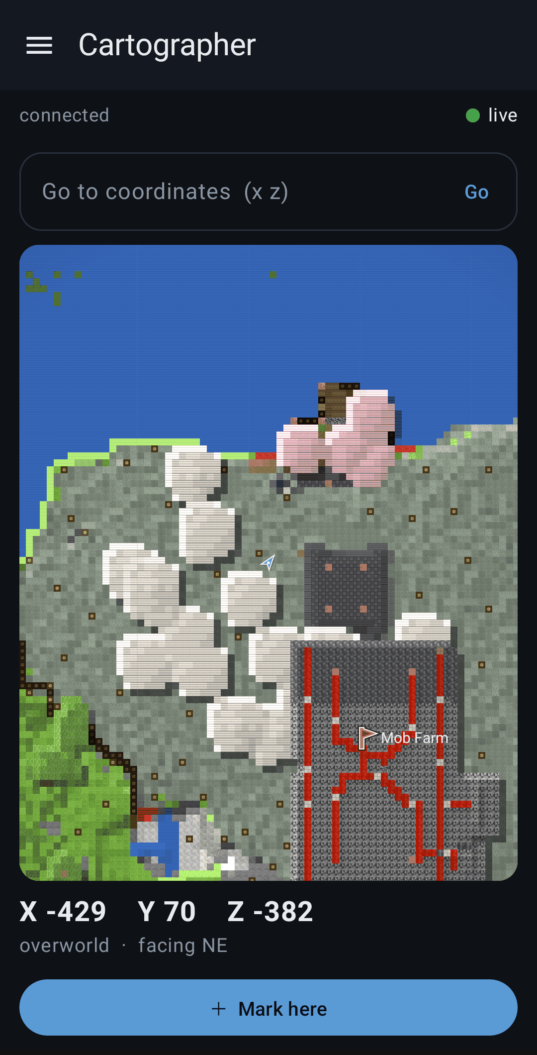 Block-level detail: the blocks you actually placed, including redstone