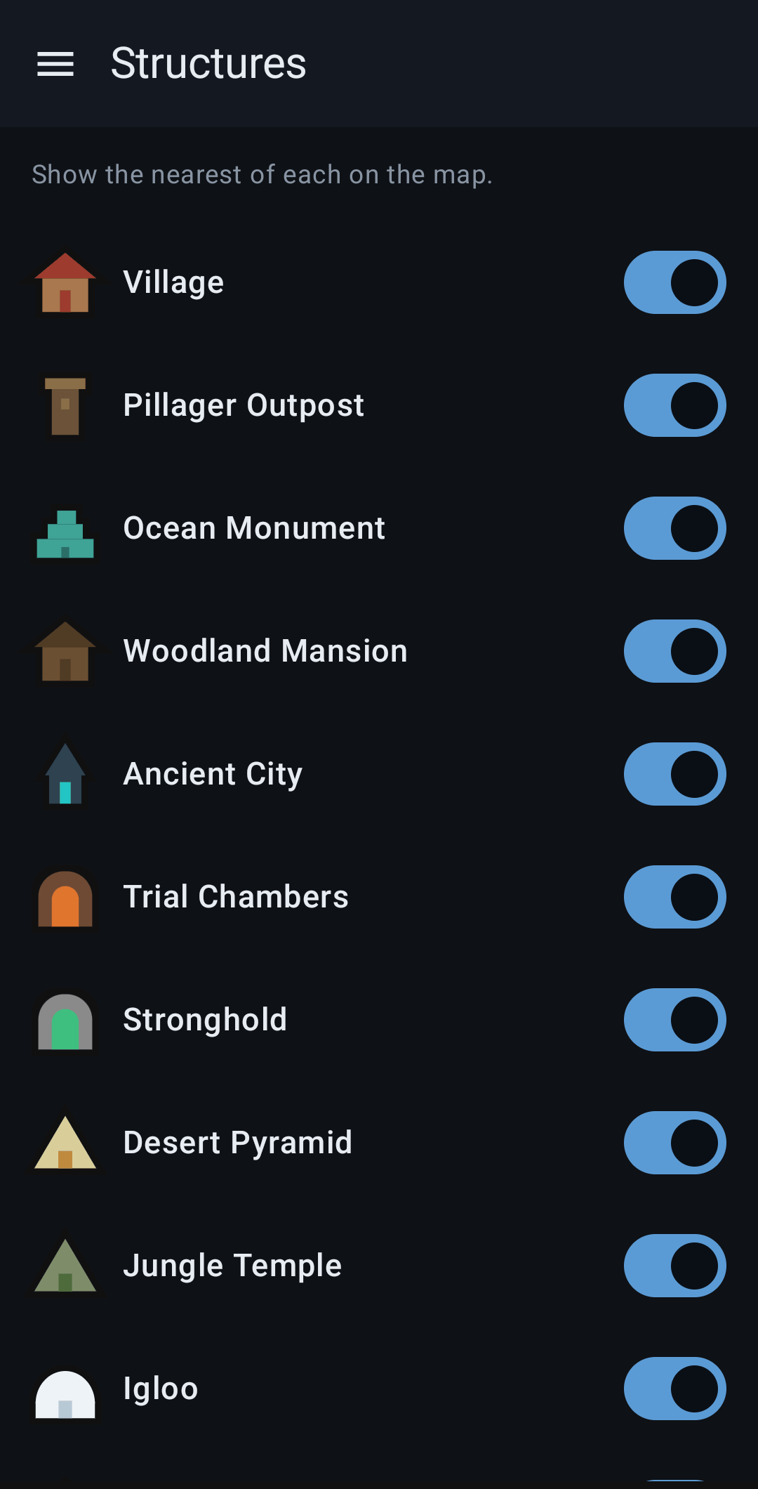 Structure types you can switch on and off, each with its own drawn marker