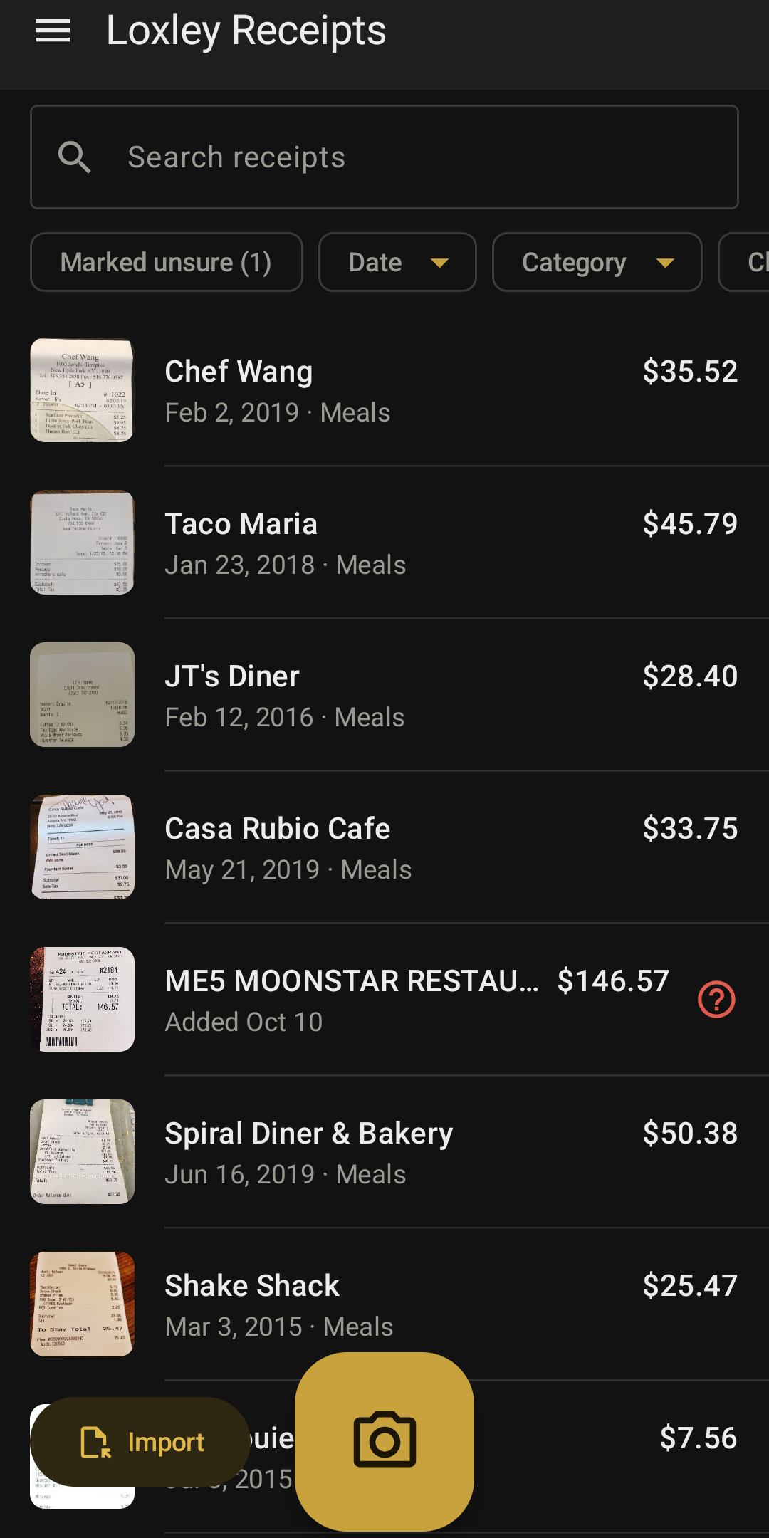 Loxley Receipts: Receipts list