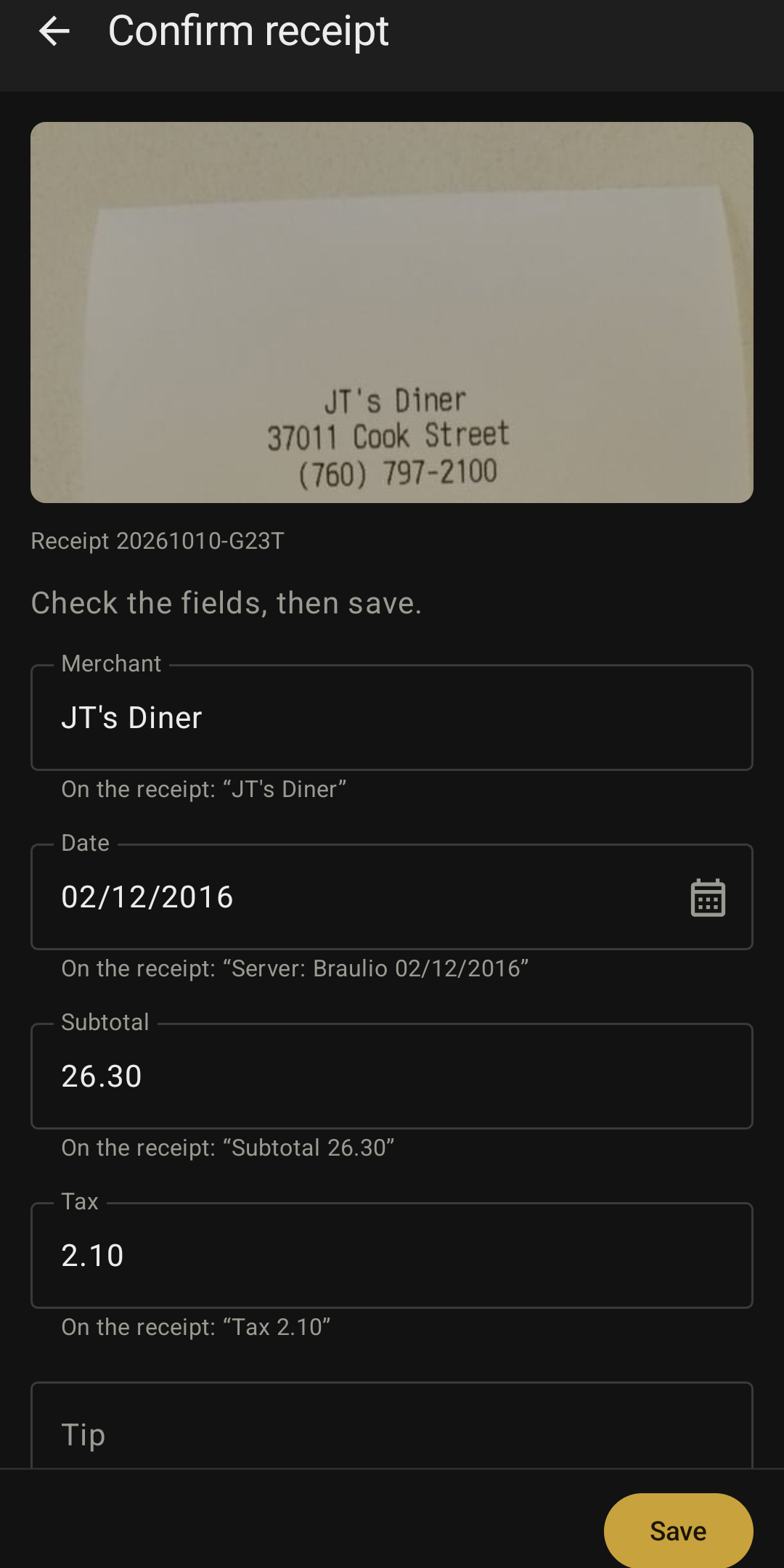 Loxley Receipts: Confirm screen