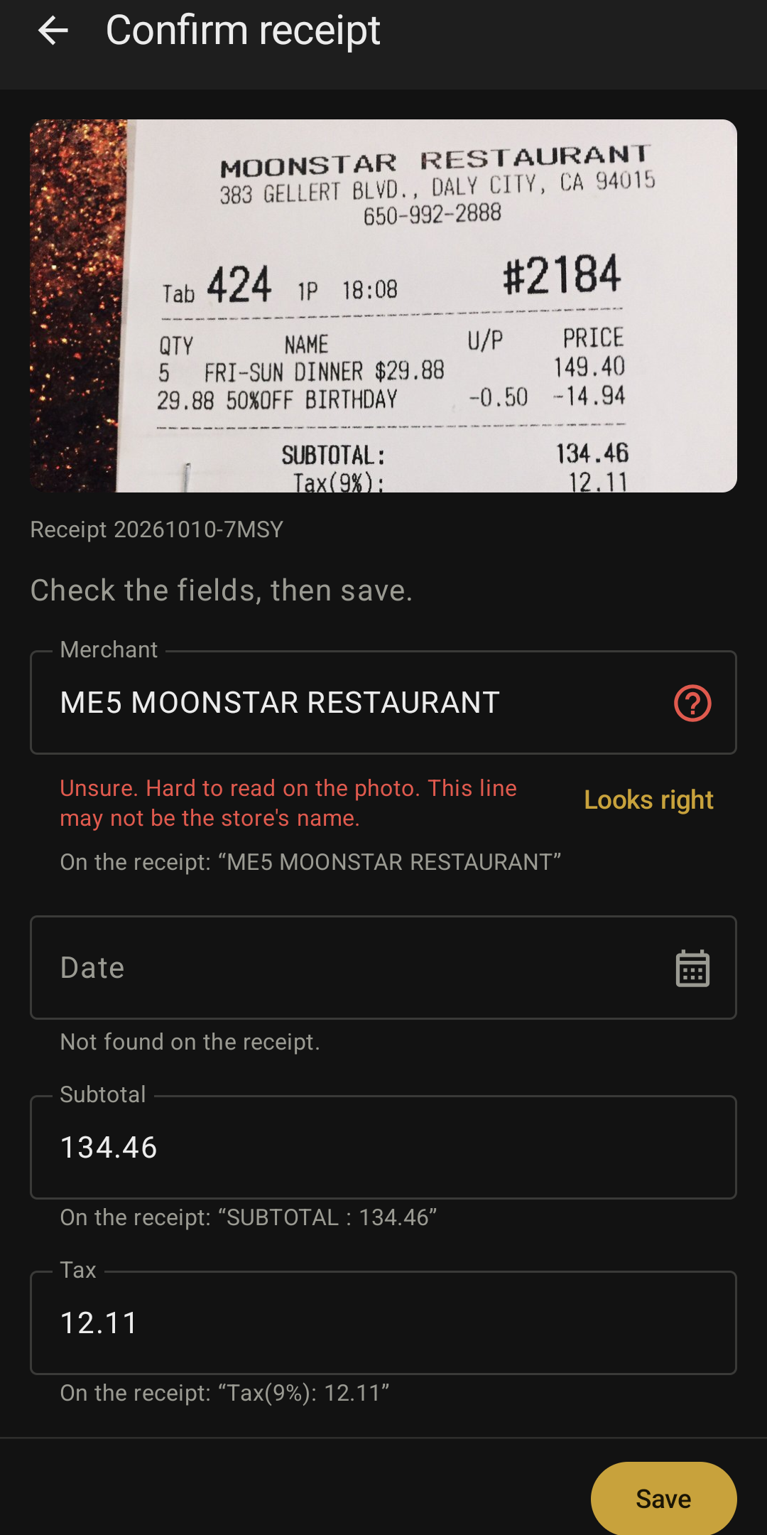 Loxley Receipts: Unsure fields marked