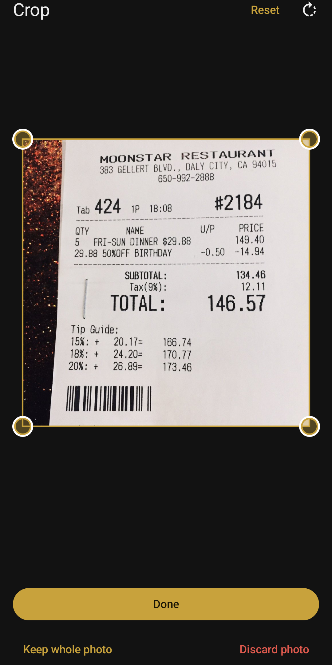 Loxley Receipts: Crop