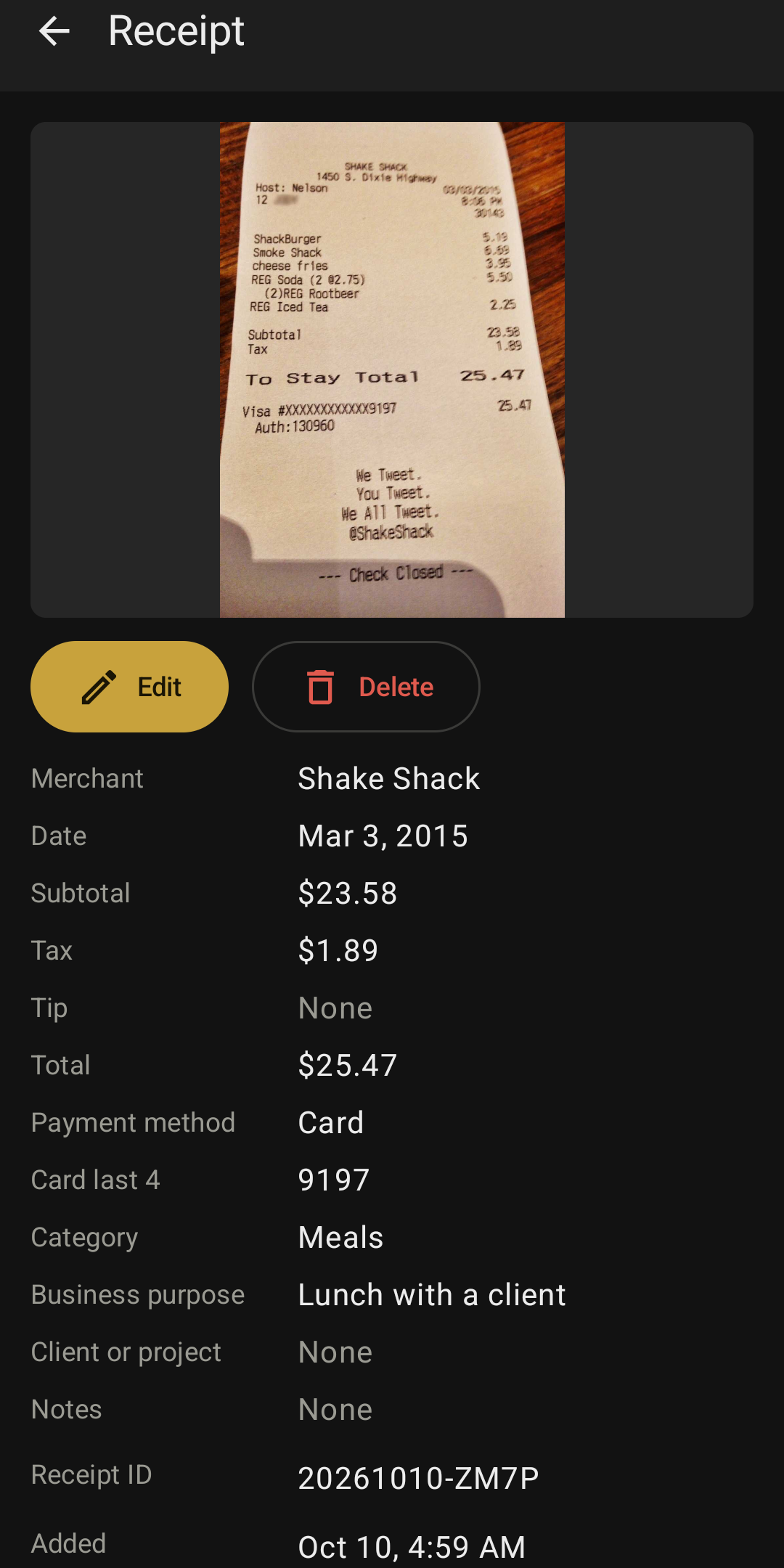 Loxley Receipts: Receipt detail