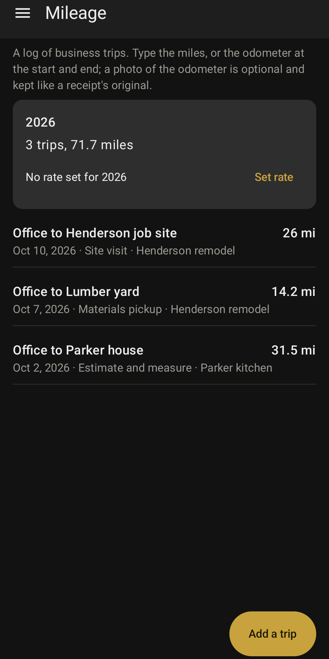 Loxley Receipts: Mileage log